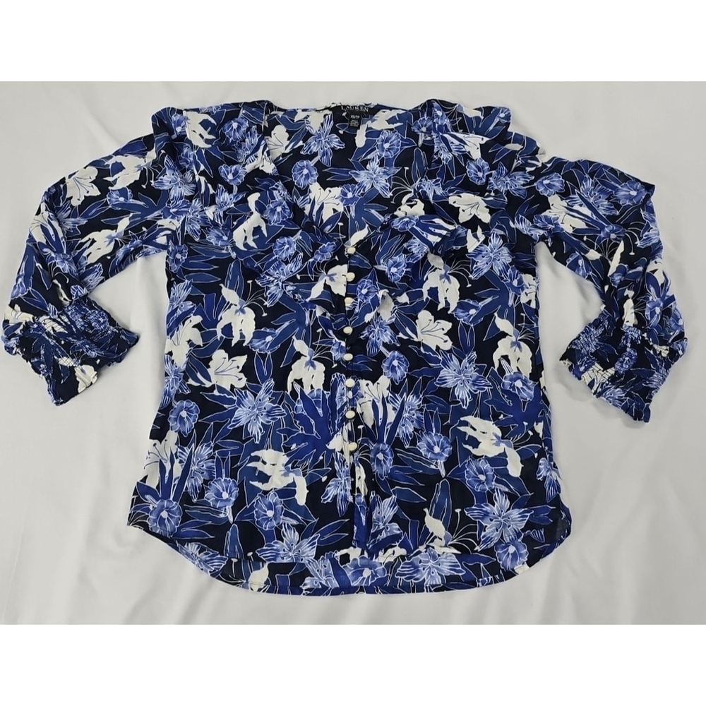Lauren Ralph Lauren Blue Floral Button Ruffle V-Neck Smocked Cuffs Size XS